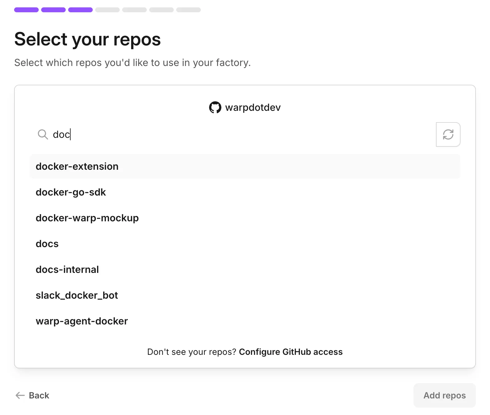 The Select your repos screen, searching for repositories by name.